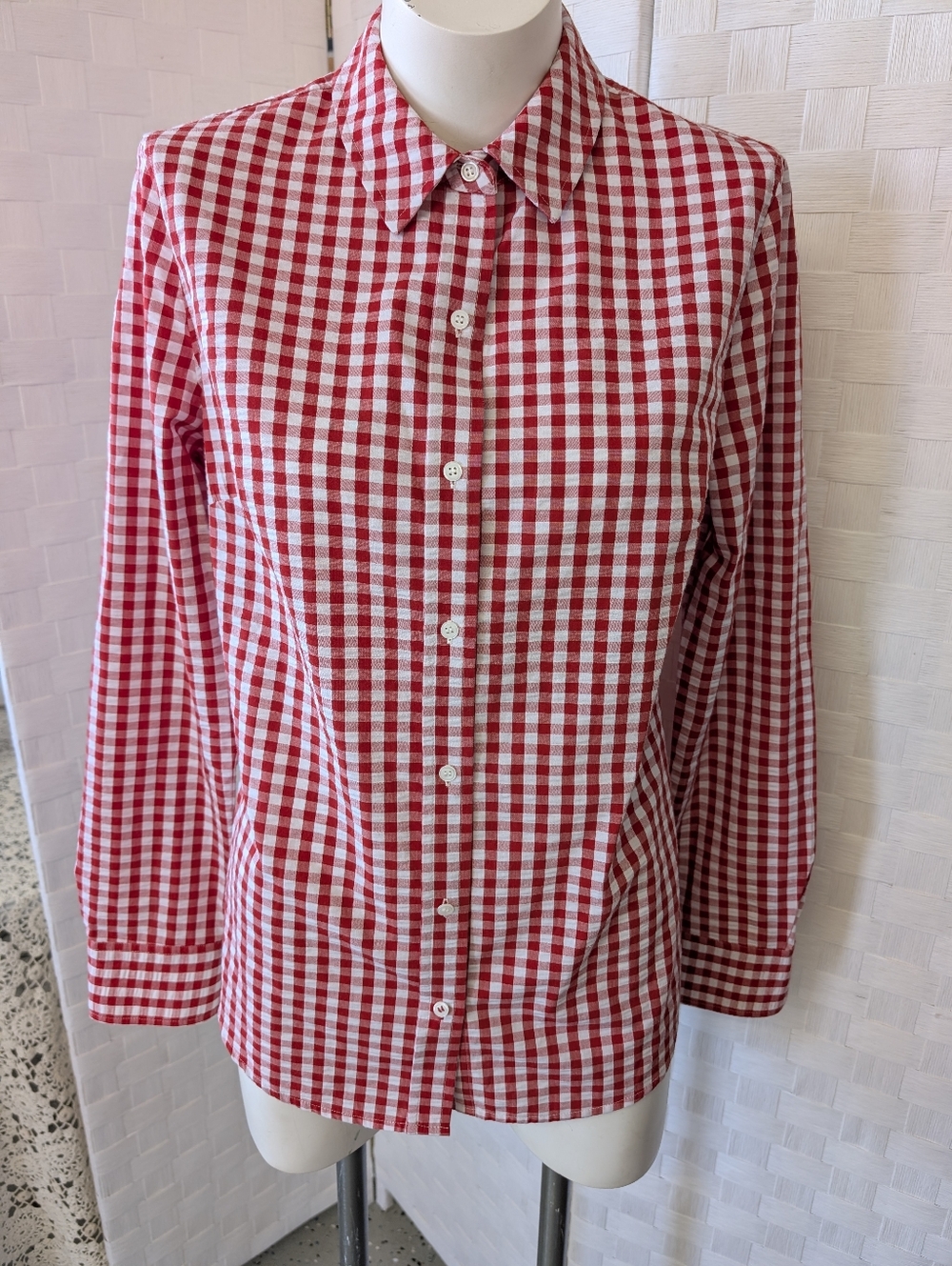 1901 Womens Classic Red & White Gingham Button Up Long Sleeve Shirt Cotton Sz M